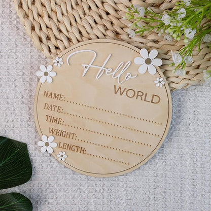 Baby Announcement Sign 6.5 Inch Wooden Hello World Newborn Welcome Sign Birth Name Plaques for Photo Props Shower Hospital Nursery (Daisy)