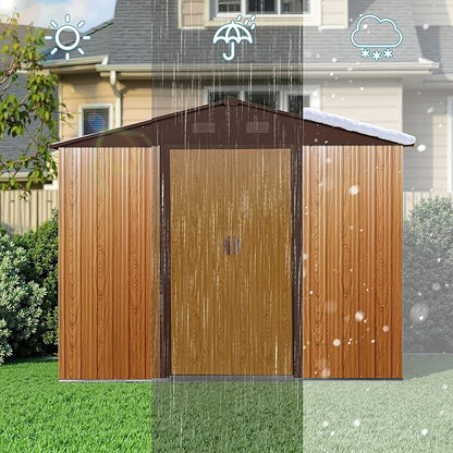 Sheds & Outdoor Storage 8ft x 10ft Iron Storage Shed with Metal Foundation Metal Garden Shed Tool Storage Cabinet with Secure Sliding Doors with Padlock for Backyard, Patio, Poolside, Coffee