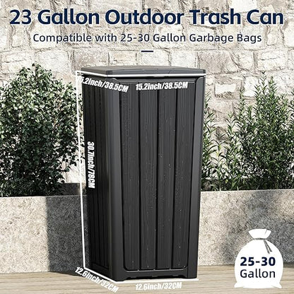 Outdoor Trash Can 23 Gallon Garbage Can with Lid Waterproof Resin Garbage Patio Waste Bin for Garden, Backyard, Deck,Black