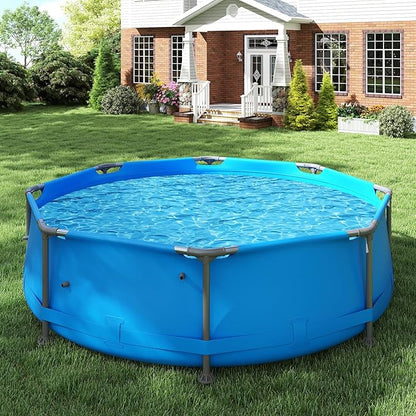 GYMAX 10ft x 30in Metal Frame Above Ground Swimming Pool, Outdoor Backyard Famliy Pool Set with Puncture-Resistant Fabric, Drainage Valve Connector for Kids & Adults (10' x 30", Round, Blue)
