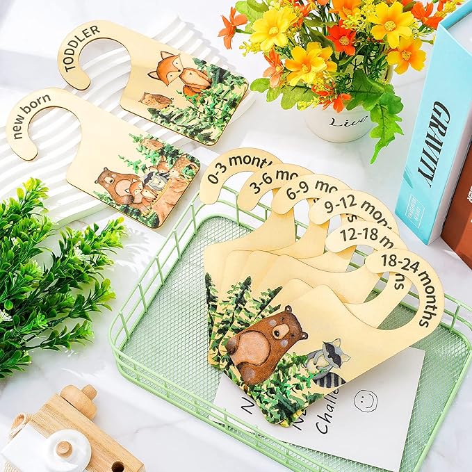 Whaline 8Pcs Woodland Design Hanging Wooden Baby Closet Size Dividers and Organizer - Newborn to 24 Months - Thicken Wardrobe Organizer for Home Nursery Clothes Decor
