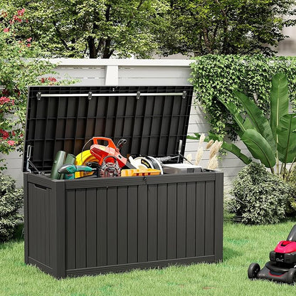 150 Gallon Resin Deck Box, Large Indoor and Outdoor Storage Box, Weatherproof and UV Resistant Outdoor Storage Box with Built-in Steel Beams for Patio, Cushions, Pool Supplies