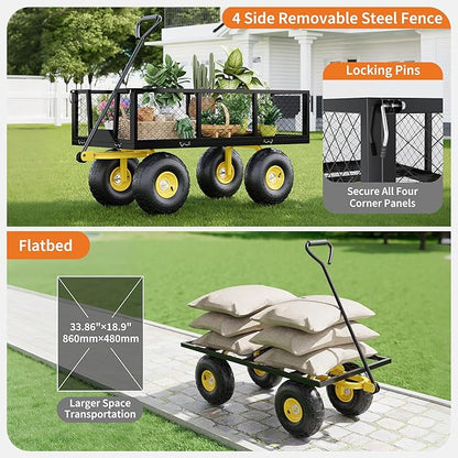 500 Lbs Garden Wagon, 2-in-1 Heavy-Duty Steel Garden Cart, with 10 Inch All-Terrain Tires and Removable Mesh Side Panels, 180° Rotating Handle, Metal Utility Yard Trailer, Outdoor Gardens Wagon Cart