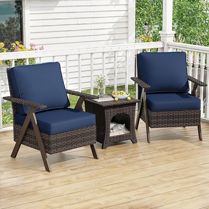 Patio Porch Furniture Chairs Set, 3 Pieces PE Rattan Wicker Chairs with Side Table, Outdoor Garden Furniture Sets for Garden Backyard Porch Poolside