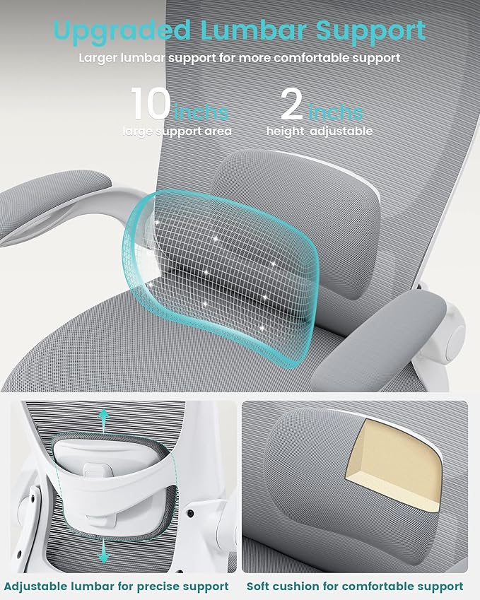 Office Chair, Ergonomic Desk Chair with Adjustable Lumbar Support and Flip up Armrest, Breathable Mesh Computer Chair for Home Office, Gray