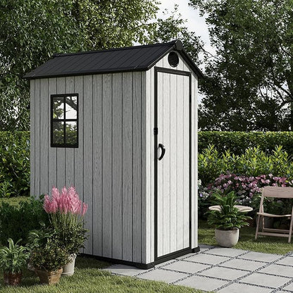 3.4x5.3 FT Resin Outdoor Storage Shed, 125 Cuft Garden Tool Sheds & Outdoor Storage Plastic Shed with Floor, 7FT Tall Backyard Outside Lawn Mower Storage Shed with Side Window, Cemented Grey