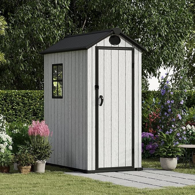 3.4x5.3 FT Resin Outdoor Storage Shed, 125 Cuft Garden Tool Sheds & Outdoor Storage Plastic Shed with Floor, 7FT Tall Backyard Outside Lawn Mower Storage Shed with Side Window, Cemented Grey