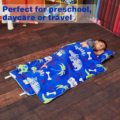 EVERYDAY KIDS Nap Mat with Removable Pillow - Roarin' Dinos - Carry Handle with Straps Closure, Rollup Design, Soft Microfiber for Preschool, Daycare, Travel Sleeping Bag - Ages 3-6 Years