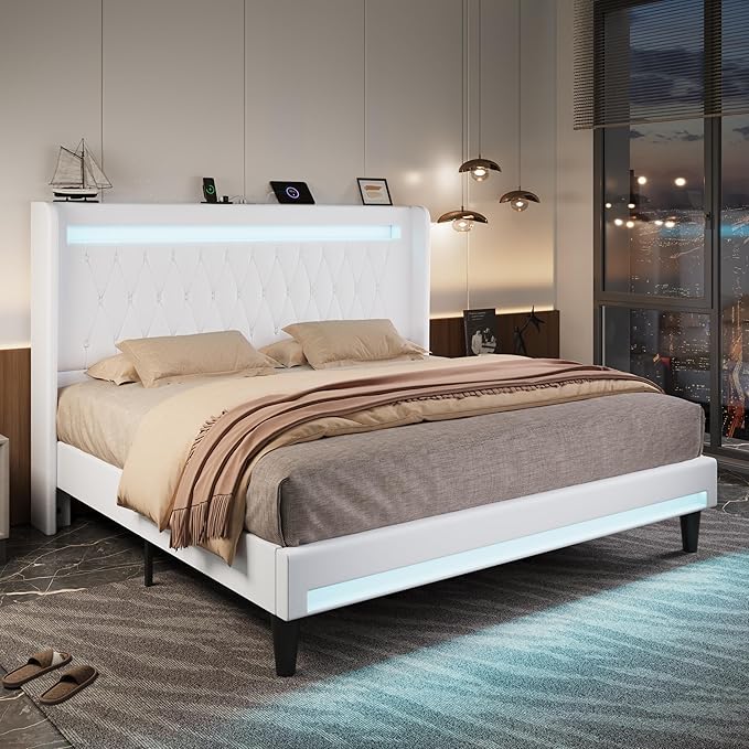 Allewie Upholstered King Size Platform Bed Frame with LED Light and Charging Station, Button Tufted High Headboard, Wingback Design, Noise Free, Easy Assembly, No Box Spring Needed, White