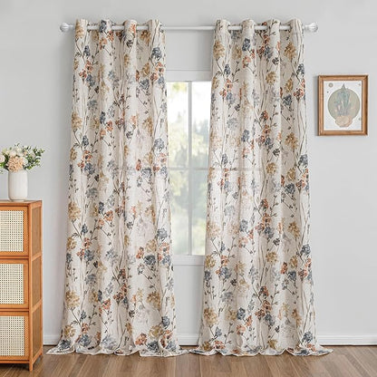 MYSKY HOME Long Floral Curtains for Living Room Bedroom Linen Semi Sheer Light Filtering Privacy Protect Drapes Flower Print Farmhouse Soft Touch for Dining Room, Yellow, W52 X L102, Pack-2