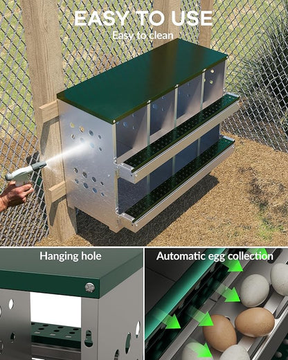 8-Hole Galvanized Metal Chicken Nesting Box with Egg Collection Tray/Fake Training Eggs, Rustproof Poultry Laying Box with Perch Rod,for Chicken Coops and Hens