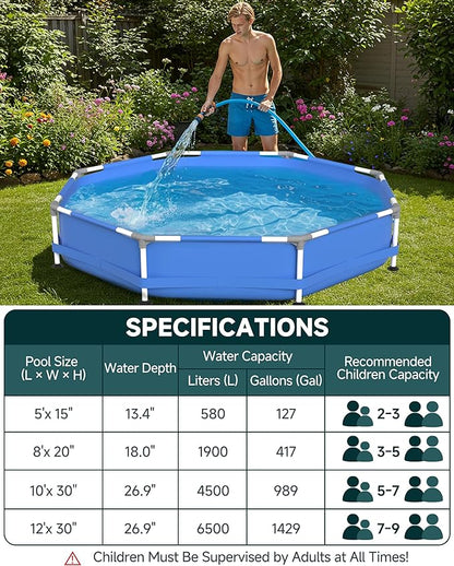 Steel Frame Round Above Ground Swimming Pools Set for Outdoor Backyard: 10ft x 30in - Odorless Eco PE Material with Pool Liner and Pool Cover