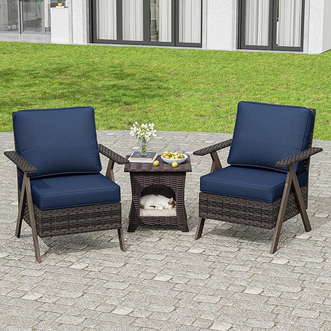 Patio Porch Furniture Chairs Set, 3 Pieces PE Rattan Wicker Chairs with Side Table, Outdoor Garden Furniture Sets for Garden Backyard Porch Poolside