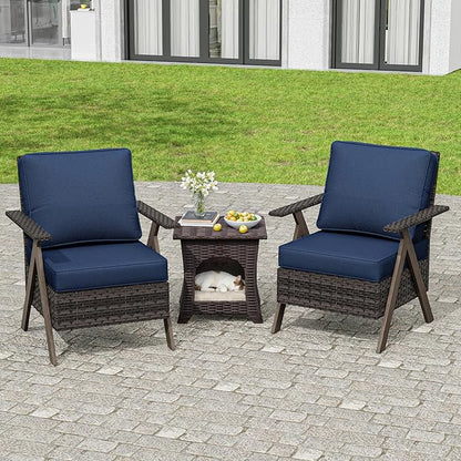Patio Porch Furniture Chairs Set, 3 Pieces PE Rattan Wicker Chairs with Side Table, Outdoor Garden Furniture Sets for Garden Backyard Porch Poolside