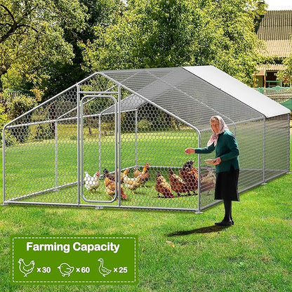 Large Metal Chicken Coop,19.7'L x 9.8'W x 6.6'H Chicken Run,Walk in Chicken Pen with Cover for Yard,Large Poultry Cage for Duck Rabbit