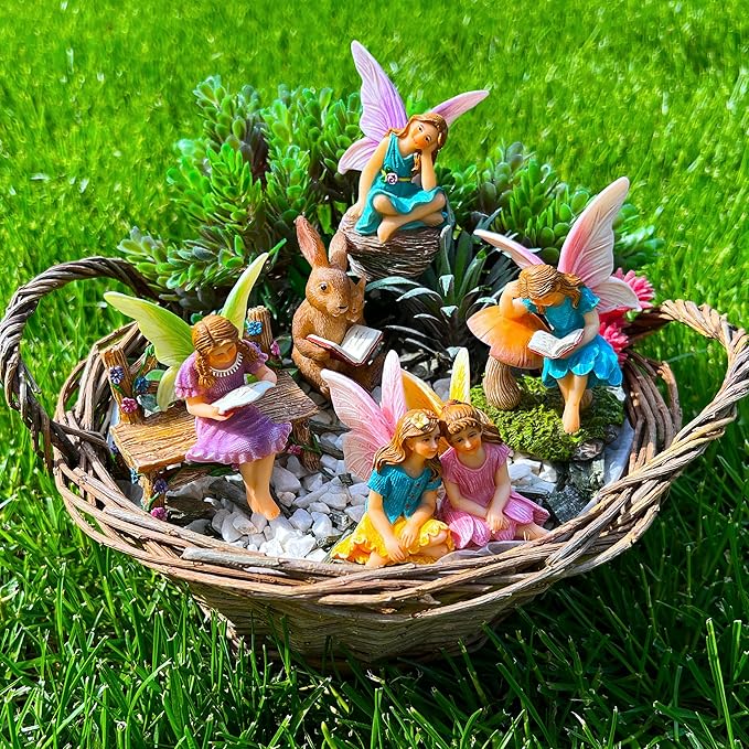 Mood Lab Fairy Garden - Miniature Reading Fairies Figurines Set - Statues & Accessories Decor Kit of 6 pcs