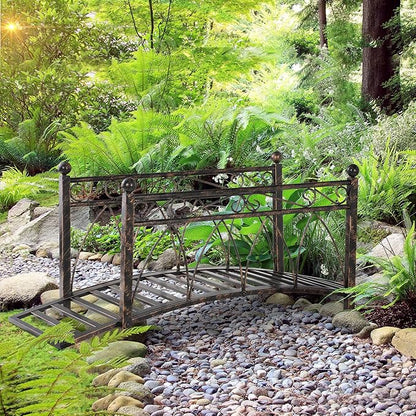 Outsunny 3.3' Metal Arch Zen Garden Bridge with Safety Siderails, Decorative Footbridge, Delicate Scrollwork & Corner Spheres for Stream, Fish Pond, Bronze