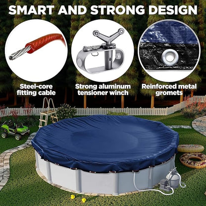 28 ft Round Pool Cover for Above Ground Pools, Above Ground Pool Cover, Swimming Pool Cover, Winter Pool Cover, Keeps Out Debris, Cold and UV Resistant, Supreme Mesh, Navy Blue