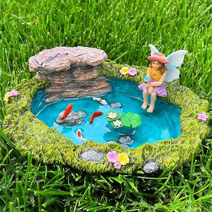 Mood Lab Fairy Garden - Miniature Fish Pond & Fairy Figurine Kit - 2 pcs Set of Garden Accessories - Outdoor or House Decor
