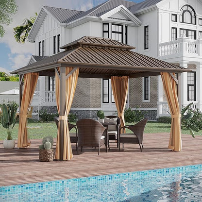 10x12 ft Hardtop Gazebo Outdoor Aluminum Patio Gazebo Double Roof Galvanized Steel Canopy with Netting and Curtains for Garden, Backyard, Deck and Lawns.